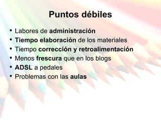 Puntos débiles Labores de  administración Tiempo elaboración  de los materiales Tiempo  corrección y retroalimentación Menos  frescura  que en los blogs ADSL  a pedales Problemas con las  aulas 