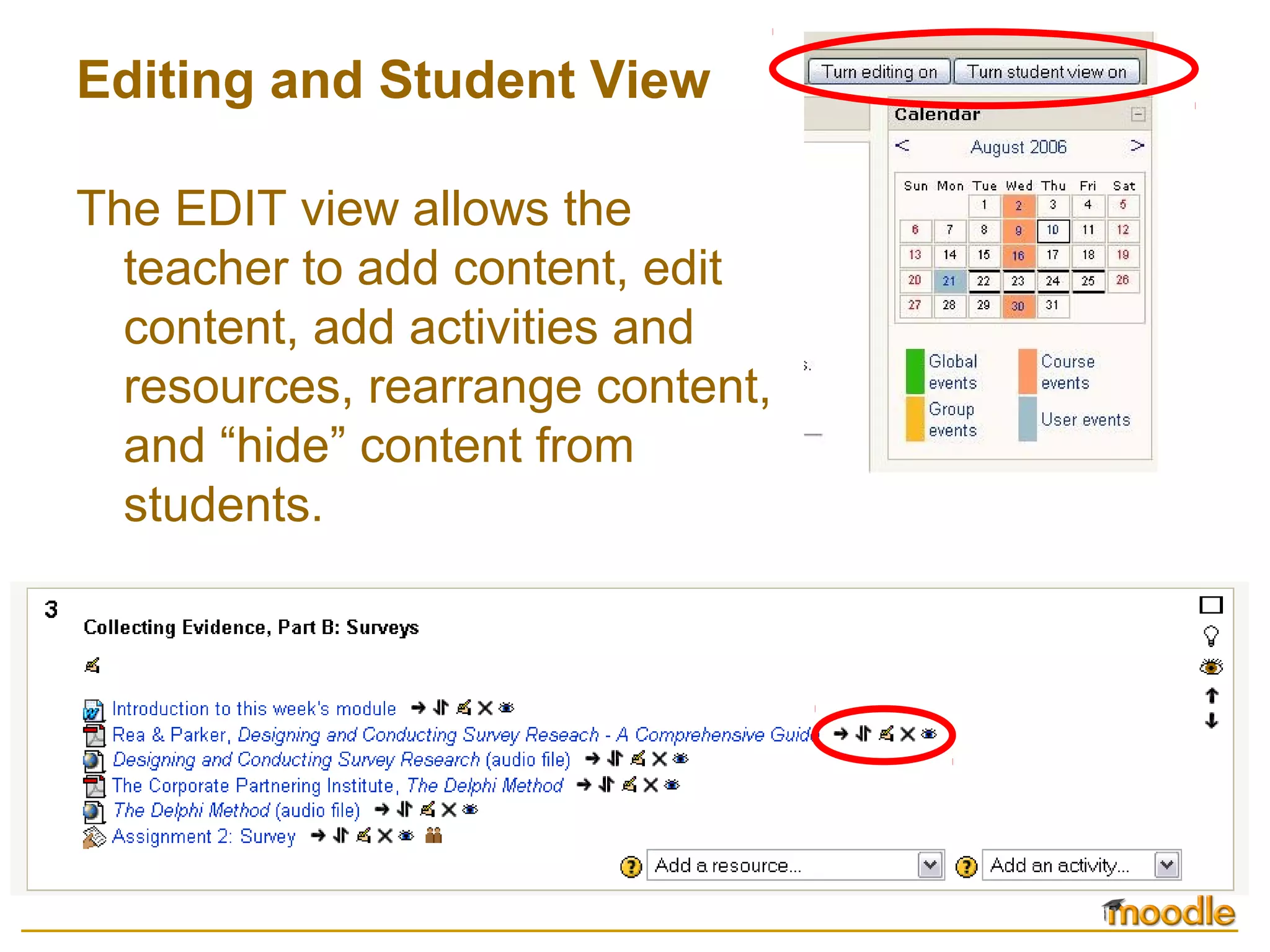 Editing and Student View
The EDIT view allows the
teacher to add content, edit
content, add activities and
resources, rearrange content,
and “hide” content from
students.
 