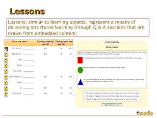 Lessons, similar to learning objects, represent a means of
delivering structured learning through Q & A sessions that are
drawn from embedded content.
LessonsLessons
 