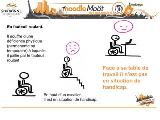 En haut d’un escalier,
Il est en situation de handicap.
En fauteuil roulant.
Il souffre d’une
déficience physique
(permanente ou
temporaire) à laquelle
il pallie par le fauteuil
roulant
Face à sa table de
travail il n’est pas
en situation de
handicap.
 