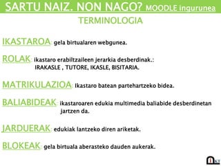 SARTU NAIZ. NON NAGO? MOODLE ingurunea
TERMINOLOGIA
ROLAK: ikastaro erabiltzaileen jerarkia desberdinak.:
IRAKASLE , TUTORE, IKASLE, BISITARIA.
MATRIKULAZIOA: Ikastaro batean partehartzeko bidea.
BALIABIDEAK: ikastaroaren edukia multimedia baliabide desberdinetan
jartzen da.
JARDUERAK: edukiak lantzeko diren ariketak.
IKASTAROA: gela birtualaren webgunea.
BLOKEAK: gela birtuala aberasteko dauden aukerak.
 