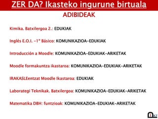 ZER DA? Ikasteko ingurune birtuala
ADIBIDEAK
Inglés E.O.I. -1º Básico: KOMUNIKAZIOA-EDUKIAK
Introducción a Moodle: KOMUNIKAZIOA-EDUKIAK-ARIKETAK
IRAKASLEentzat Moodle Ikastaroa: EDUKIAK
Laborategi Teknikak. Batxilergoa: KOMUNIKAZIOA-EDUKIAK-ARIKETAK
Kimika. Batxilergoa 2.: EDUKIAK
Matematika DBH: funtzioak: KOMUNIKAZIOA-EDUKIAK-ARIKETAK
Moodle formakuntza ikastaroa: KOMUNIKAZIOA-EDUKIAK-ARIKETAK
 