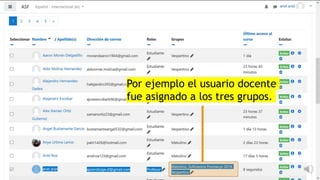 Por ejemplo el usuario docente
fue asignado a los tres grupos.
 
