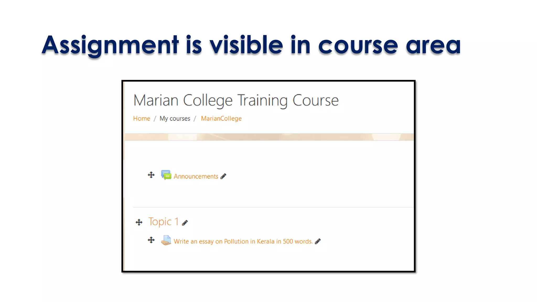 Assignment is visible in course area
 