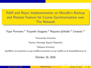 Rdiﬀ and Rsync Implementation on Moodle’s Backup
and Restore Feature for Course Synchronization over
The Network
Fajar Purnama 1 Tsuyoshi Usagawa 1 Royyana Ijtihadie 2 Linawati 3
1Kumamoto University
2Institut Teknologi Sepuluh Nopember
3Udayana University
fajar@hicc.cs.kumamoto-u.ac.jp tuie@cs.kumamoto-u.ac.jp roy@its.ac.id linawati@unud.ac.id
October 18, 2016
Fajar Purnama (KU) TENSYMP2016 October 18, 2016 1 / 38
 