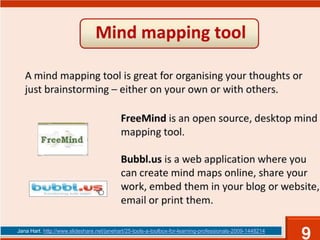 Co používají profesionálové?Jana Hart. http://www.slideshare.net/janehart/25-tools-a-toolbox-for-learning-professionals-2009-1448214