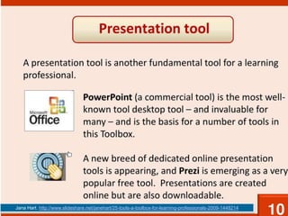 Co používají profesionálové?Jana Hart. http://www.slideshare.net/janehart/25-tools-a-toolbox-for-learning-professionals-2009-1448214