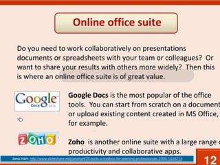 Jana Hart. http://www.slideshare.net/janehart/25-tools-a-toolbox-for-learning-professionals-2009-1448214