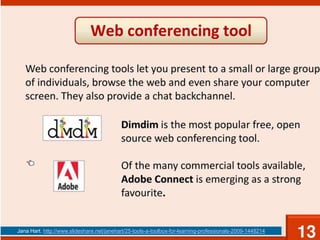 Jana Hart. http://www.slideshare.net/janehart/25-tools-a-toolbox-for-learning-professionals-2009-1448214