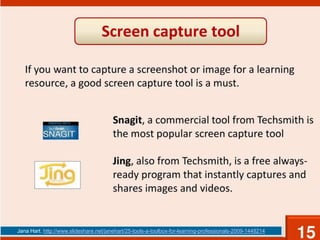 Jana Hart. http://www.slideshare.net/janehart/25-tools-a-toolbox-for-learning-professionals-2009-1448214