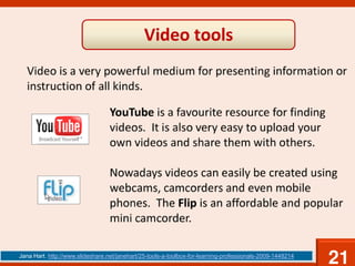 Jana Hart. http://www.slideshare.net/janehart/25-tools-a-toolbox-for-learning-professionals-2009-1448214