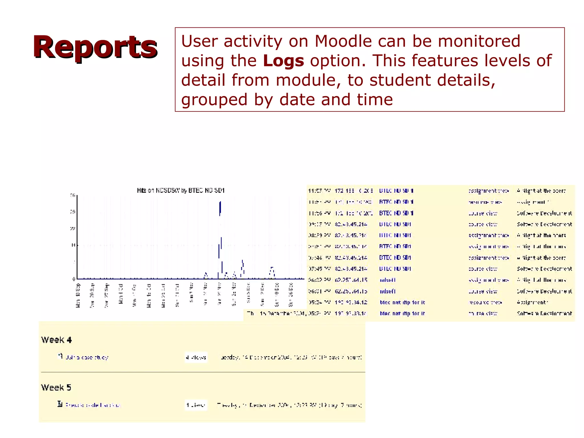 Reports User activity on Moodle can be monitored using the  Logs  option. This features levels of detail from module, to student details,  grouped by date and time 