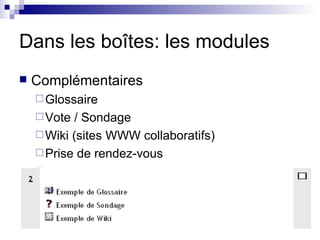 Dans les boîtes: les modules Complémentaires Glossaire Vote / Sondage Wiki (sites WWW collaboratifs) Prise de rendez-vous … 