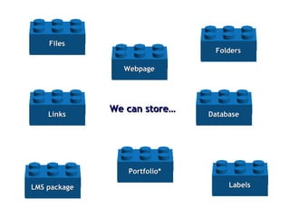 Files We can store… Folders Links Webpage LMS package Database Labels Portfolio* 