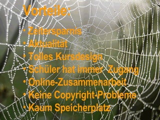 Vorteile: Zeitersparnis Aktualität Tolles Kursdesign Schüler hat immer  Zugang Online-Zusammenarbeit Keine Copyright-Probleme Kaum Speicherplatz 