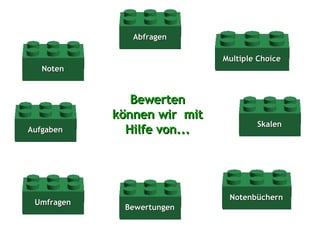 Bewerten können wir  mit Hilfe von... Umfragen Aufgaben Notenbüchern Multiple Choice Abfragen Skalen Noten Bewertungen 