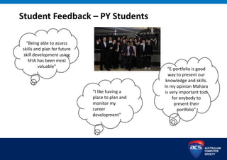 Student Feedback – PY Students
“E-portfolio is good
way to present our
knowledge and skills.
In my opinion Mahara
is very important tool
for anybody to
present their
portfolio”
“Being able to assess
skills and plan for future
skill development using
SFIA has been most
valuable”
“I like having a
place to plan and
monitor my
career
development”
 