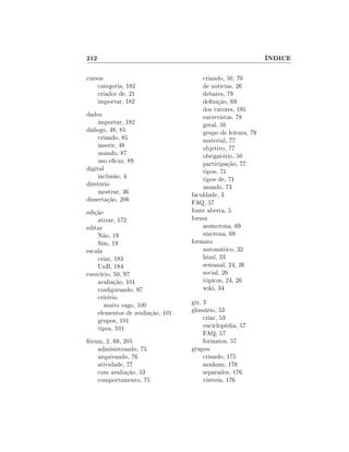 212
cursos
categoria, 182
criador de, 21
importar, 182
dados
importar, 182
diálogo, 48, 85
criando, 85
inserir, 48
usando, 87
uso ecaz, 89
digital
inclusão, 4
diretório
mostrar, 36
dissertação, 206
edição
ativar, 172
editar
Não, 19
Sim, 19
escala
criar, 183
UnB, 184
exercício, 50, 97
avaliação, 101
congurando, 97
critério
muito vago, 100
elementos de avaliação, 101
grupos, 101
tipos, 101
fórum, 2, 69, 205
administrando, 75
arquivando, 76
atividade, 77
com avaliação, 53
comportamento, 75

ÍNDICE
criando, 50, 70
de notícias, 26
debates, 79
denição, 69
dos tutores, 195
entrevistas, 78
geral, 50
grupo de leitura, 79
material, 77
objetivo, 77
obrigatório, 50
participação, 77
tipos, 71
tipos de, 71
usando, 73
faculdade, 3
FAQ, 57
fonte aberta, 5
forma
assíncrona, 69
síncrona, 69
formato
automático, 32
html, 33
semanal, 24, 26
social, 26
tópicos, 24, 26
wiki, 34
giz, 3
glossário, 53
criar, 53
enciclopédia, 57
FAQ, 57
formatos, 57
grupos
criando, 175
nenhum, 176
separados, 176
visíveis, 176

 