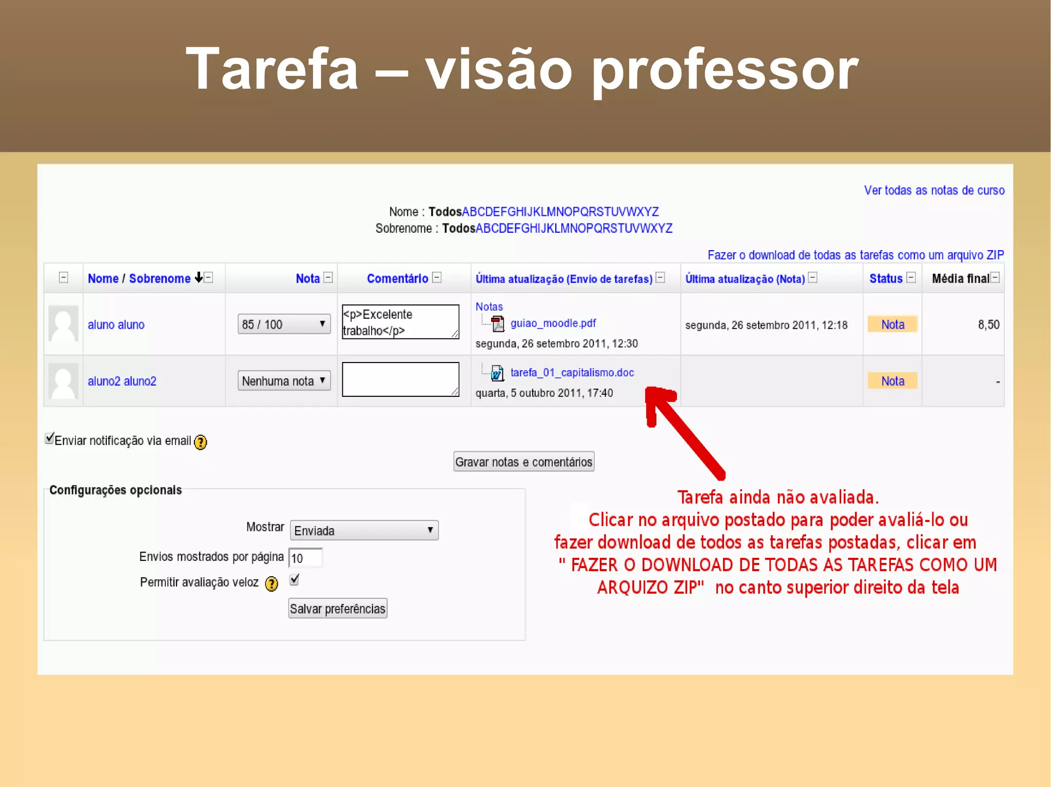 Tarefa – visão professor 