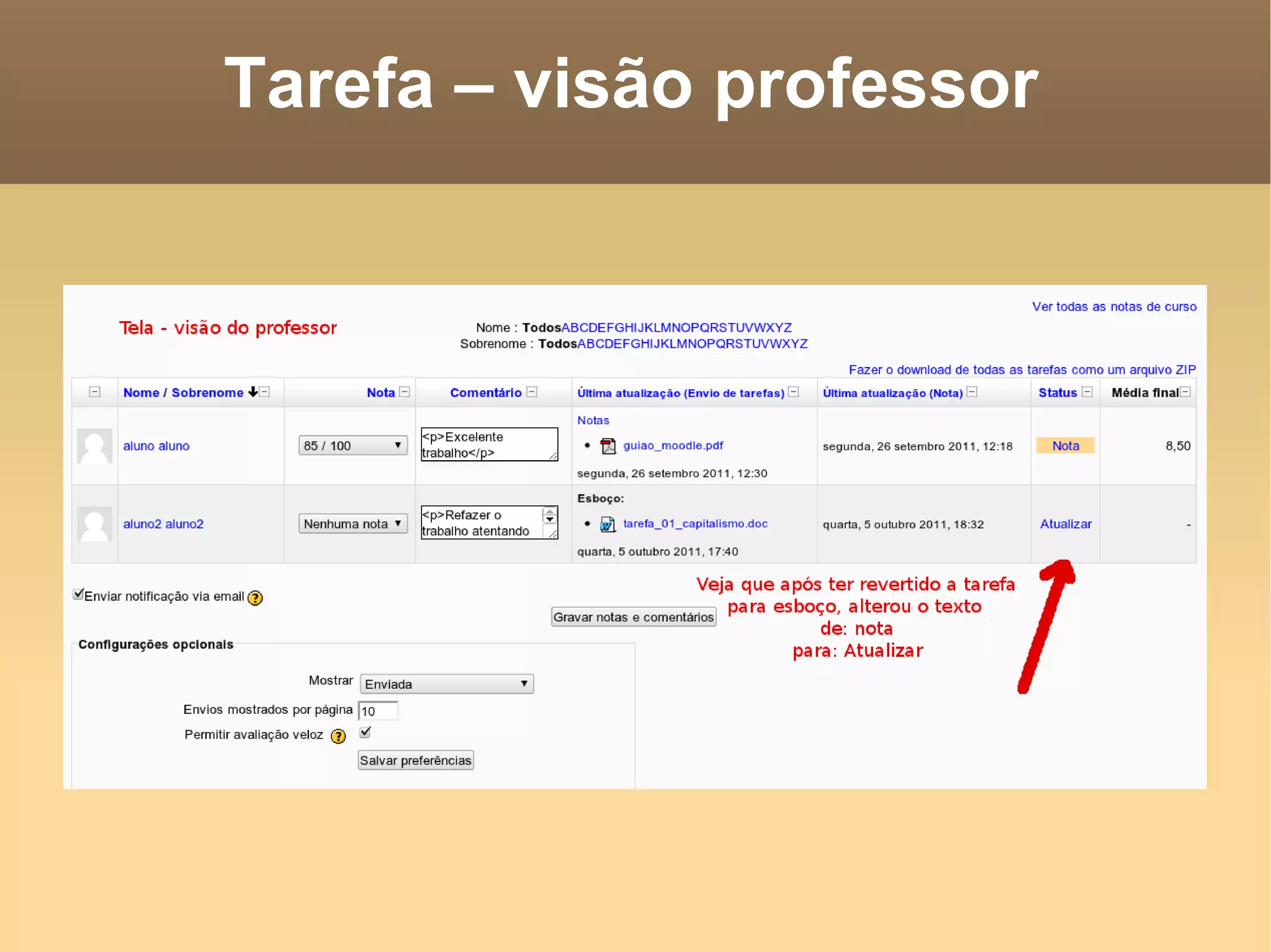 Tarefa – visão professor 