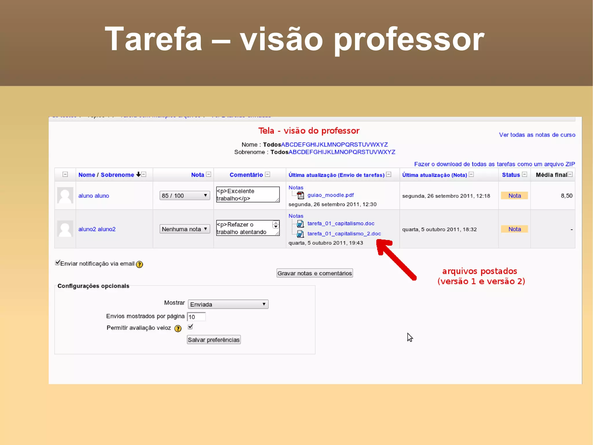 Tarefa – visão professor 