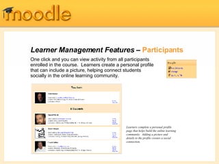 Learner Management Features –  Participants One click and you can view activity from all participants enrolled in the course.  Learners create a personal profile that can include a picture, helping connect students socially in the online learning community. Learners complete a personal profile page that helps build the online learning community.  Adding a picture and details to the profile creates a social connection. 