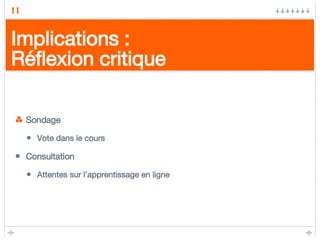 Implications : Réflexion critique Sondage Vote dans le cours Consultation Attentes sur l’apprentissage en ligne 