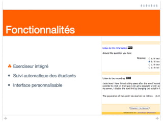 Fonctionnalités Exerciseur intégré Suivi automatique des étudiants Interface personnalisable 