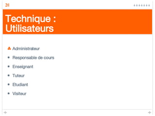 Technique : Utilisateurs Administrateur Responsable de cours Enseignant Tuteur Etudiant Visiteur 