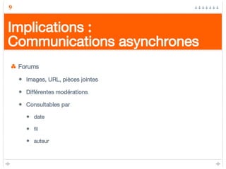 Implications : Communications asynchrones Forums Images, URL, pièces jointes Différentes modérations Consultables par date fil auteur 