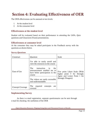 Open Education Resource: Flipping Using Quiz and Discussion Forum in Moodle
Page 14
Section 4: Evaluating Effectiveness of OER
The OER effectiveness can be assessed at two levels:
1. At the student level
2. At the consumer level
Effectiveness at the student level
Student will be evaluated based on their performance in attending the LbDs, Quiz
questions and Classroom (Team) presentations.
Effectiveness at consumer level
At the consumer they may be asked participate in the Feedback survey with the
questions as shown below.
Survey Questions
Construct Question Scale
Ease of Use
I’m able to easily enroll and
view the resources in the course
Five point Likert Scale (With
higher point 5 for Strongly
Agree and Lower Point 1 for
Strongly Disagree)
The instruction in the
announcement enabled me to
have better participation in the
course
The videos are easily accessible
and understandable.
Concept Coverage
The required concepts are
covered
Implementing Survey
As there is e-mail registration, separate questionnaire can be sent through
e-mail for checking the usefulness of the OER
 