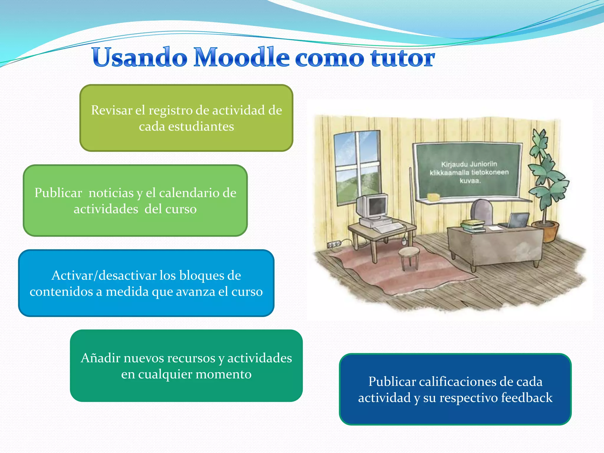 Usando Moodle como tutorRevisar el registro de actividad de cada estudiantes Publicar  noticias y el calendario de actividades  del cursoActivar/desactivar los bloques de contenidos a medida que avanza el cursoAñadir nuevos recursos y actividades en cualquier momentoPublicar calificaciones de cada actividad y su respectivo feedback