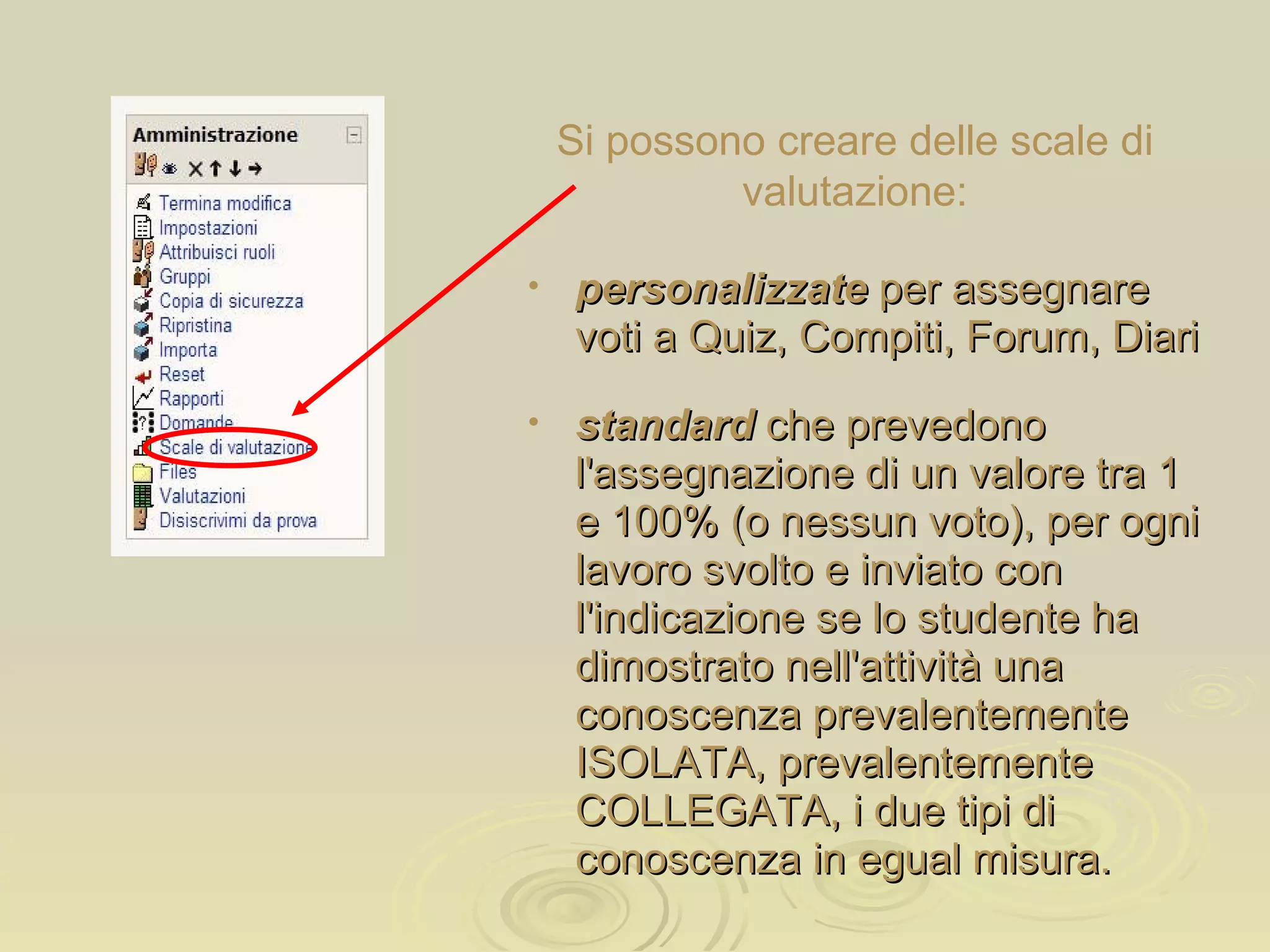 Si possono creare delle scale di valutazione: personalizzate  per assegnare voti a Quiz, Compiti, Forum, Diari standard  che prevedono l'assegnazione di un valore tra 1 e 100% (o nessun voto), per ogni lavoro svolto e inviato con l'indicazione se lo studente ha dimostrato nell'attività una conoscenza prevalentemente ISOLATA, prevalentemente COLLEGATA, i due tipi di conoscenza in egual misura. 