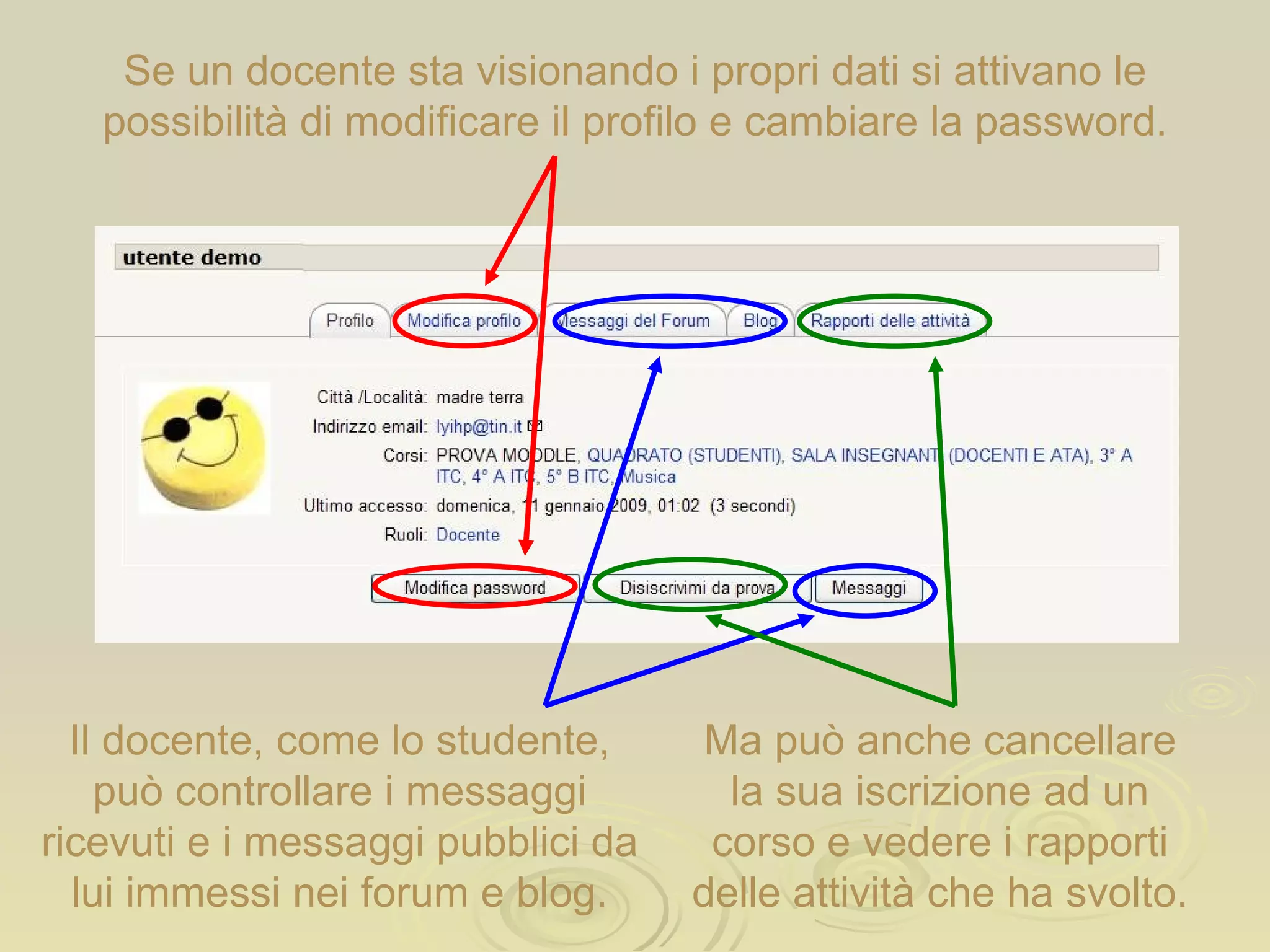 Se un docente sta visionando i propri dati si attivano le possibilità di modificare il profilo e cambiare la password. Il docente, come lo studente, può controllare i messaggi ricevuti e i messaggi pubblici da lui immessi nei forum e blog. Ma può anche cancellare la sua iscrizione ad un corso e vedere i rapporti delle attività che ha svolto. 