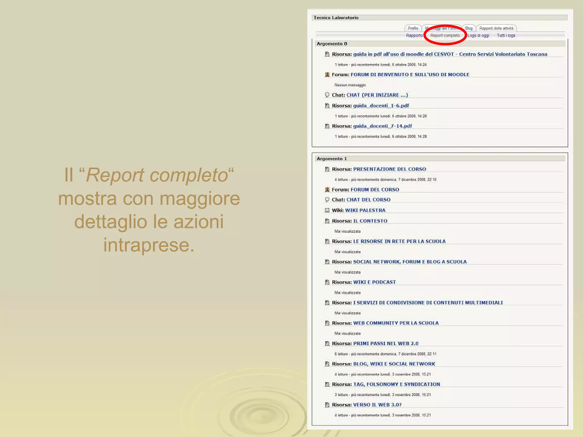 Il “ Report completo “ mostra con maggiore dettaglio le azioni intraprese. 