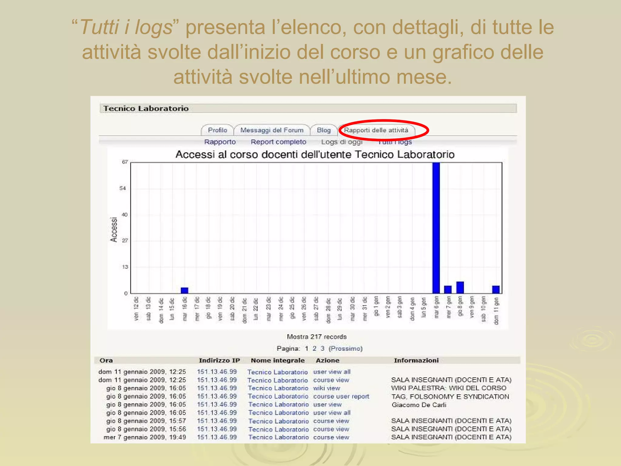 “ Tutti i logs ” presenta l’elenco, con dettagli, di tutte le attività svolte dall’inizio del corso e un grafico delle attività svolte nell’ultimo mese. 