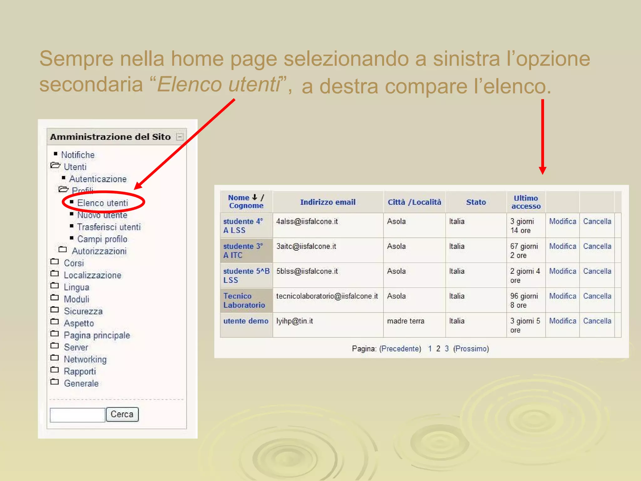 Sempre nella home page selezionando a sinistra l’opzione secondaria “ Elenco utenti ”,  a destra compare l’elenco. 