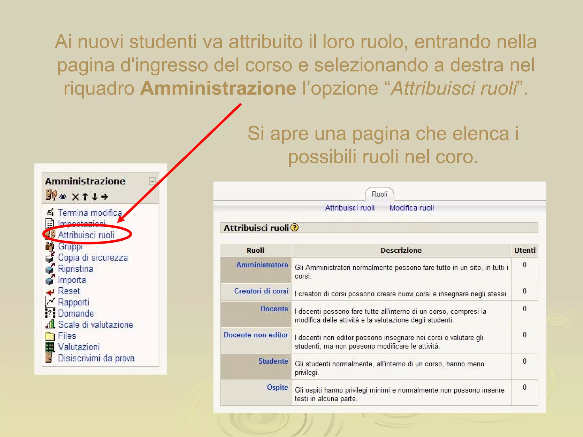 Ai nuovi studenti va attribuito il loro ruolo, entrando nella pagina d'ingresso del corso e selezionando a destra nel riquadro  Amministrazione  l’opzione “ Attribuisci ruoli ”. Si apre una pagina che elenca i possibili ruoli nel coro. 