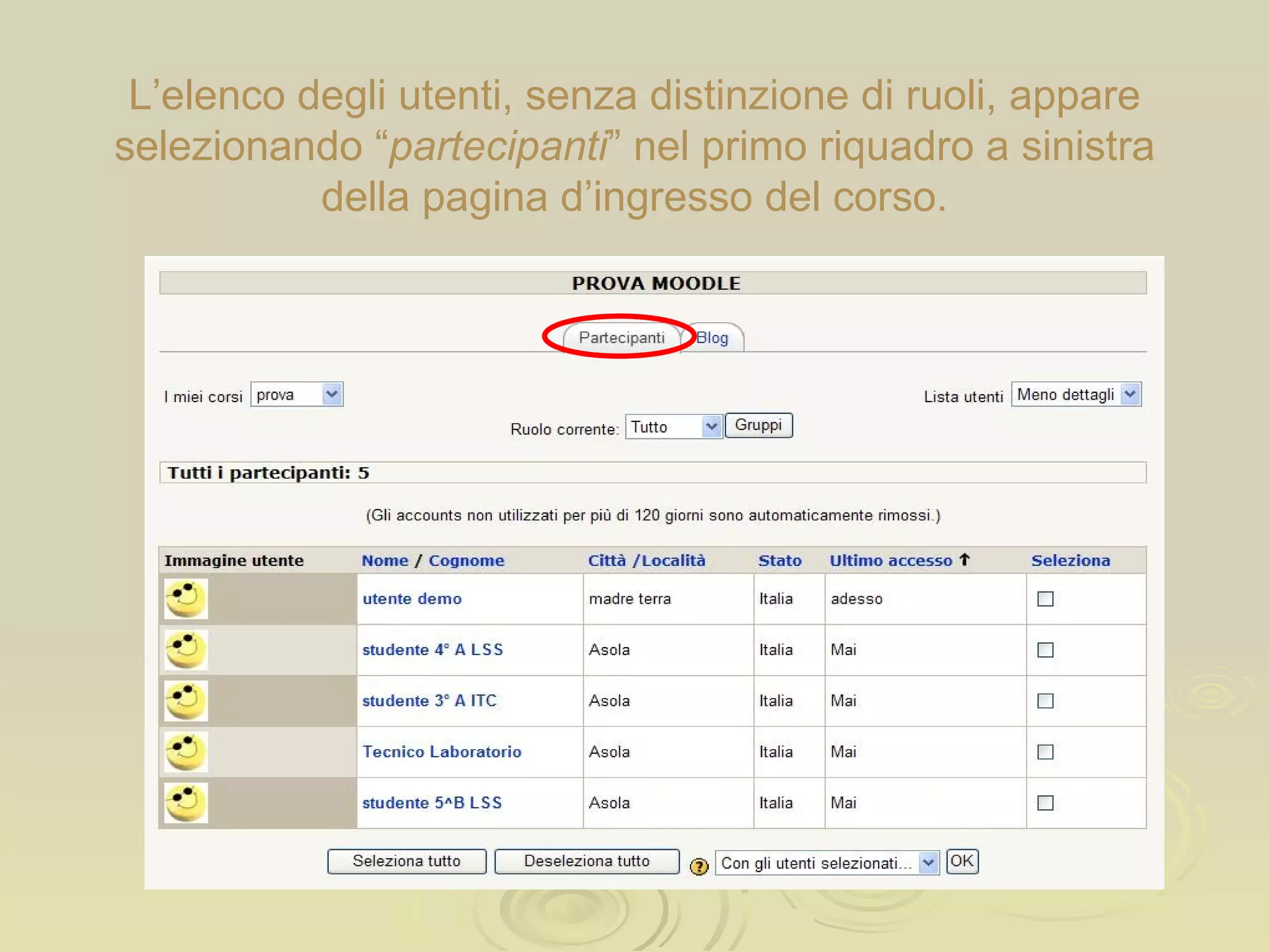 L’elenco degli utenti, senza distinzione di ruoli, appare selezionando “ partecipanti ” nel primo riquadro a sinistra della pagina d’ingresso del corso. 