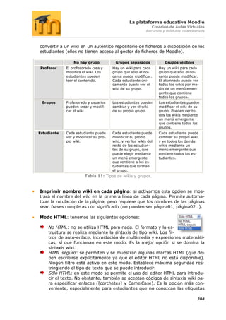 La plataforma educativa Moodle
                                                               Creación de Aulas Virtuales
                                                            Recursos y módulos colaborativos



convertir a un wiki en un auténtico repositorio de ficheros a disposición de los
estudiantes (ellos no tienen acceso al gestor de ficheros de Moodle).

                 No hay grupo           Grupos separados              Grupos visibles
 Profesor    El profesorado crea y     Hay un wiki para cada       Hay un wiki para cada
             modifica el wiki. Los     grupo que sólo el do-       grupo que sólo el do-
             estudiantes pueden        cente puede modificar.      cente puede modificar.
             leer el contenido.        Cada estudiante úni-        El alumnado puede ver
                                       camente puede ver el        todos los wikis por me-
                                       wiki de su grupo.           dio de un menú emer-
                                                                   gente que contiene
                                                                   todos los grupos.
 Grupos      Profesorado y usuarios    Los estudiantes pueden      Los estudiantes pueden
             pueden crear y modifi-    cambiar y ver el wiki       modificar el wiki de su
             car el wiki.              de su propio grupo.         grupo. Pueden ver to-
                                                                   dos los wikis mediante
                                                                   un menú emergente
                                                                   que contiene todos los
                                                                   grupos.
Estudiante   Cada estudiante puede     Cada estudiante puede       Cada estudiante puede
             ver y modificar su pro-   modificar su propio         cambiar su propio wiki,
             pio wiki.                 wiki, y ver los wikis del   y ve todos los demás
                                       resto de los estudian-      wikis mediante un
                                       tes de su grupo, que        menú emergente que
                                       puede elegir mediante       contiene todos los es-
                                       un menú emergente           tudiantes.
                                       que contiene a los es-
                                       tudiantes que forman
                                       el grupo.
                       Tabla 11: Tipos de wikis y grupos.



Imprimir nombre wiki en cada página: si activamos esta opción se mos-
trará el nombre del wiki en la primera línea de cada página. Permite automa-
tizar la rotulación de la página, pero requiere que los nombres de las páginas
sean frases completas con significado (no pueden ser página01, página02…).

Modo HTML: tenemos las siguientes opciones:

    No HTML: no se utiliza HTML para nada. El formato y la es-
    tructura se realiza mediante la sintaxis de tipo wiki. Los fil-
    tros de auto-enlace, incrustación de multimedia y expresiones matemáti-
    cas, sí que funcionan en este modo. Es la mejor opción si se domina la
    sintaxis wiki.
    HTML seguro: se permiten y se muestran algunas marcas HTML (que de-
    ben escribirse explícitamente ya que el editor HTML no está disponible).
    Ningún filtro está activo en este modo. Establece máxima seguridad res-
    tringiendo el tipo de texto que se puede introducir.
    Sólo HTML: en este modo se permite el uso del editor HTML para introdu-
    cir el texto. No obstante, también se aceptan códigos de sintaxis wiki pa-
    ra especificar enlaces ([corchetes] y CamelCase). Es la opción más con-
    veniente, especialmente para estudiantes que no conozcan las etiquetas

                                                                                         204
 