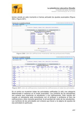 La plataforma educativa Moodle
                                                              Creación de Aulas Virtuales
                                                        Gestión y administración de un curso



temos viendo en este momento si hemos activado los ajustes avanzados (Figura
266 y Figura 267).




      Figura 266: Libro de calificaciones mostrando sólo las puntuaciones finales.




Figura 267: Libro de calificaciones mostrando las calificaciones en todas las actividades.

En el centro se muestran todas las actividades calificadas (o sólo una categoría
determinada si estamos en el modo avanzado). Los nombres de los estudiantes
son enlaces que mostrarán al estudiante y sus calificaciones. Esto resulta útil
cuando un estudiante está consultando con el profesor o profesora el libro de
calificaciones y éste necesita garantizar la privacidad del resto de los estudiantes.
Los nombres de las actividades son enlaces que llevan a la página de ajustes de
esa actividad en particular.



                                                                                       277
 