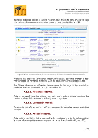 La plataforma educativa Moodle
                                                           Creación de Aulas Virtuales
                                                          Recursos y módulos interactivos



También podemos activar la casilla Mostrar nota detallada para ampliar la lista
con tantas columnas como preguntas tenga el cuestionario (Figura 129).




   Figura 129: Vista detallada de las personas que han completado el cuestionario.

Mediante las opciones Seleccionar todos/Omitir todos, podemos marcar o des-
marcar todos los nombres de la lista y, en su caso, eliminar los seleccionados.

Por último, observamos diferentes botones para la descarga de los resultados.
Estas opciones se estudiarán un poco más adelante.

          7.1.8.2. Recalificar intentos.

Esta opción recalculará las calificaciones del cuestionario si hemos cambiado los
puntos posibles del cuestionario o de alguna/s pregunta/s.

          7.1.8.3. Calificación manual.

Desde esta pestaña se pueden calificar manualmente todas las preguntas de tipo
ensayo.

          7.1.8.4. Análisis de ítems.

Esta tabla presenta los datos procesados del cuestionario a fin de poder analizar
y juzgar el desempeño de cada pregunta de cara a la evaluación (Figura 130).



                                                                                     130
 