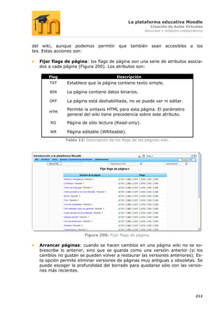 La plataforma educativa Moodle
                                                           Creación de Aulas Virtuales
                                                        Recursos y módulos colaborativos



del wiki, aunque podemos permitir que también sean accesibles a los
tes. Estas acciones son:

  Fijar flags de página: los flags de página son una serie de atributos asocia-
  dos a cada página (Figura 200). Los atributos son:

      Flag                               Descripción
      TXT      Establece que la página contiene texto simple.

      BIN      La página contiene datos binarios.

      OFF      La página está deshabilitada, no se puede ver ni editar.

               Permite la sintaxis HTML para esta página. El parámetro
      HTM
               general del wiki tiene precedencia sobre este atributo.
       RO      Página de sólo lectura (Read-only).

       WR      Página editable (WRiteable).
              Tabla 12: Descripción de los flags de las páginas wiki.




                        Figura 200: Fijar flags de página.

  Arrancar páginas: cuando se hacen cambios en una página wiki no se so-
  brescribe lo anterior, sino que se guarda como una versión anterior (si los
  cambios no gustan se pueden volver a restaurar las versiones anteriores). Es-
  ta opción permite eliminar versiones de páginas muy antiguas y obsoletas. Se
  puede escoger la profundidad del borrado para quedarse sólo con las versio-
  nes más recientes.




                                                                                    211
 
