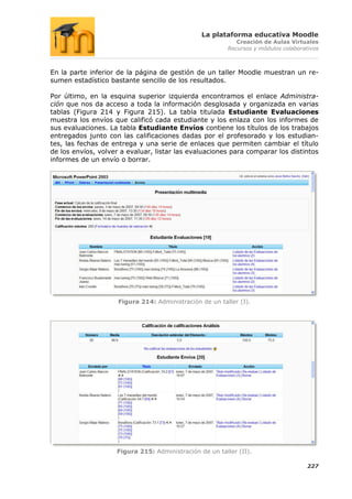La plataforma educativa Moodle
                                                            Creación de Aulas Virtuales
                                                         Recursos y módulos colaborativos



En la parte inferior de la página de gestión de un taller Moodle muestran un re-
sumen estadístico bastante sencillo de los resultados.

Por último, en la esquina superior izquierda encontramos el enlace Administra-
ción que nos da acceso a toda la información desglosada y organizada en varias
tablas (Figura 214 y Figura 215). La tabla titulada Estudiante Evaluaciones
muestra los envíos que calificó cada estudiante y los enlaza con los informes de
sus evaluaciones. La tabla Estudiante Envíos contiene los títulos de los trabajos
entregados junto con las calificaciones dadas por el profesorado y los estudian-
tes, las fechas de entrega y una serie de enlaces que permiten cambiar el título
de los envíos, volver a evaluar, listar las evaluaciones para comparar los distintos
informes de un envío o borrar.




                     Figura 214: Administración de un taller (I).




                    Figura 215: Administración de un taller (II).

                                                                                     227
 