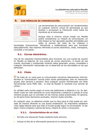 La plataforma educativa Moodle
                                                        Creación de Aulas Virtuales
                                                         Los módulos de comunicación




 9.     LOS MÓDULOS DE COMUNICACIÓN.
                          Las herramientas de comunicación son fundamentales
                          en cualquier entorno virtual de aprendizaje ya que
                          facilitan y enriquecen la interacción entre todos los
                          miembros de la comunidad.

                          Aunque todo el entorno virtual creado con Moodle
                          podría considerarse un módulo de comunicación, en
                          este bloque se han agrupado aquellas actividades que
                          están al servicio del resto de los módulos o
tecnologías (transmisivas, interactivas y colaborativas) para que funcionen
adecuadamente. Nos estamos refiriendo al correo electrónico, chats, mensajería,
consultas y encuestas.

      9.1. Correo electrónico.

Uno de los requisitos imprescindibles para funcionar con una cuenta de usuario
en Moodle es disponer de una cuenta de correo electrónico. A través de esa
cuenta, alumnado y profesorado recibirán datos generales, avisos, novedades o
cualquier información relacionada con el desarrollo de las actividades en las que
participan.

      9.2. Chats.

     Se trata de un canal para la comunicación sincrónica básicamente informal.
Permite la “conversación” escrita entre varios participantes, bien en interacción
grupal, bien persona a persona. Para cualquier usuario familiarizado con otras
herramientas como MSN, AOL… el chat de Moodle le resultará muy sencillo de
utilizar.

Su utilidad varía mucho según el curso sea totalmente a distancia o no. Su apli-
cación suele ser más relevante en curso totalmente a distancia o cuando el curso
contiene grupos que no coinciden en las mismas clases presenciales. En general,
es útil para tomar decisiones puntuales, resolver dudas sencillas…

En cualquier caso, no debemos olvidar que la clave para el chat pueda ser utili-
zado de manera eficiente es una buena moderación. Es importante establecer
unas reglas básicas para que todo el mundo pueda seguir la conversación. Si por
algún motivo empieza a salirse del tema, tratará de volver a encauzarla.

        9.2.1.   Características de un chat.

   Permite una interacción fluida mediante texto síncrono.

   Incluye la foto de la información personal en la ventana de chat.


                                                                                236
 