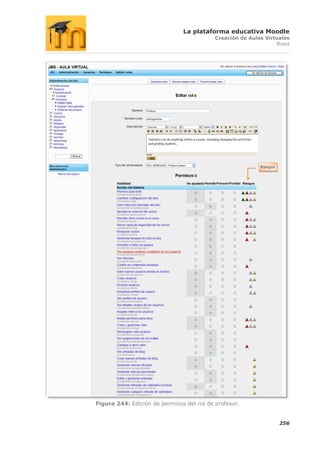 La plataforma educativa Moodle
                                           Creación de Aulas Virtuales
                                                                 Roles




                                                           Riesgos




Figura 244: Edición de permisos del rol de profesor.


                                                                     256
 