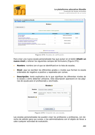 La plataforma educativa Moodle
                                                           Creación de Aulas Virtuales
                                                     Gestión y administración de un curso




                        Figura 273: Escalas de calificación.

Para crear una nueva escala personalizada hay que pulsar en el botón Añadir un
nuevo nivel y rellenar los siguientes campos del formulario (Figura 274):

   Nombre: nombre con el que se identificará en la lista de escalas.

   Nivel: aquí se escriben los diferentes grados o niveles que forman la escala
   ordenados de negativo a positivo y separados por comas.

   Descripción: texto explicativo de lo que significan los diferentes niveles de
   la escala y cómo deberían utilizarse. Esta descripción aparecerá en las pági-
   nas de ayuda para el profesorado y alumnado.




                       Figura 274: Creación de una escala.

Las escalas personalizadas las pueden crear los profesores y profesoras, con de-
recho de edición para sus cursos, o los administradores con el objeto de llevar a
cabo cualquier actividad de evaluación.

                                                                                    283
 