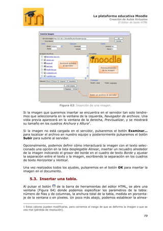 La plataforma educativa Moodle
                                                                       Creación de Aulas Virtuales
                                                                             El Editor de texto HTML




                            Archivos subidos
                               al servidor
                                                              Previsualización
                                                               de la imagen




                                                   Subir un archivo al servidor




                           Figura 63: Inserción de una imagen.

Si la imagen que queremos insertar se encuentra en el servidor tan solo tendre-
mos que seleccionarla en la ventana de la izquierda, Navegador de archivos. Una
vista previa aparecerá en la ventana de la derecha, Previsualizar, y se mostrará
su tamaño en los cuadros Anchura y Altura1.

Si la imagen no está cargada en el servidor, pulsaremos el botón Examinar…
para localizar el archivo en nuestro equipo y posteriormente pulsaremos el botón
Subir para subirle al servidor.

Opcionalmente, podemos definir cómo interactuará la imagen con el texto selec-
cionado una opción en la lista desplegable Alinear, insertar un recuadro alrededor
de la imagen indicando el grosor del borde en el cuadro de texto Borde y ajustar
la separación entre el texto y la imagen, escribiendo la separación en los cuadros
de texto Horizontal y Vertical.

Una vez realizados todos los ajustes, pulsaremos en el botón OK para insertar la
imagen en el documento.

     5.3. Insertar una tabla.

Al pulsar el botón    de la barra de herramientas del editor HTML, se abre una
ventana (Figura 64) donde podemos especificar los parámetros de la tabla:
número de filas y de columnas, la anchura total de la tabla, medida en porcenta-
je de la ventana o en píxeles. Un poco más abajo, podemos establecer la alinea-

1 Estos valores pueden modificarse, pero corremos el riesgo de que se deforme la imagen o que se
vea mal (pérdida de resolución).

                                                                                                 73
 