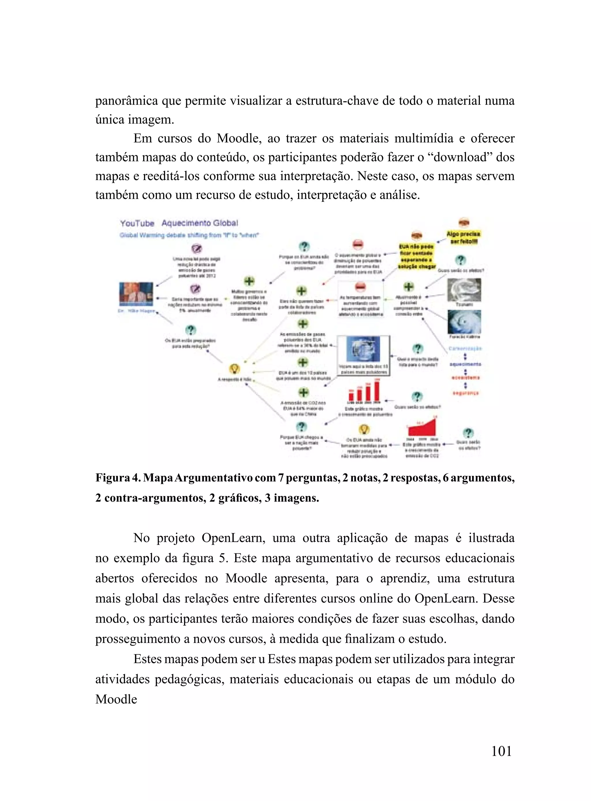 panorâmica que permite visualizar a estrutura-chave de todo o material numa
única imagem.
       Em cursos do Moodle, ao trazer os materiais multimídia e oferecer
também mapas do conteúdo, os participantes poderão fazer o “download” dos
mapas e reeditá-los conforme sua interpretação. Neste caso, os mapas servem
também como um recurso de estudo, interpretação e análise.




Figura 4. Mapa Argumentativo com 7 perguntas, 2 notas, 2 respostas, 6 argumentos,
2 contra-argumentos, 2 gráficos, 3 imagens.


       No projeto OpenLearn, uma outra aplicação de mapas é ilustrada
no exemplo da figura 5. Este mapa argumentativo de recursos educacionais
abertos oferecidos no Moodle apresenta, para o aprendiz, uma estrutura
mais global das relações entre diferentes cursos online do OpenLearn. Desse
modo, os participantes terão maiores condições de fazer suas escolhas, dando
prosseguimento a novos cursos, à medida que finalizam o estudo.
       Estes mapas podem ser u Estes mapas podem ser utilizados para integrar
atividades pedagógicas, materiais educacionais ou etapas de um módulo do
Moodle


                                                                            101
 