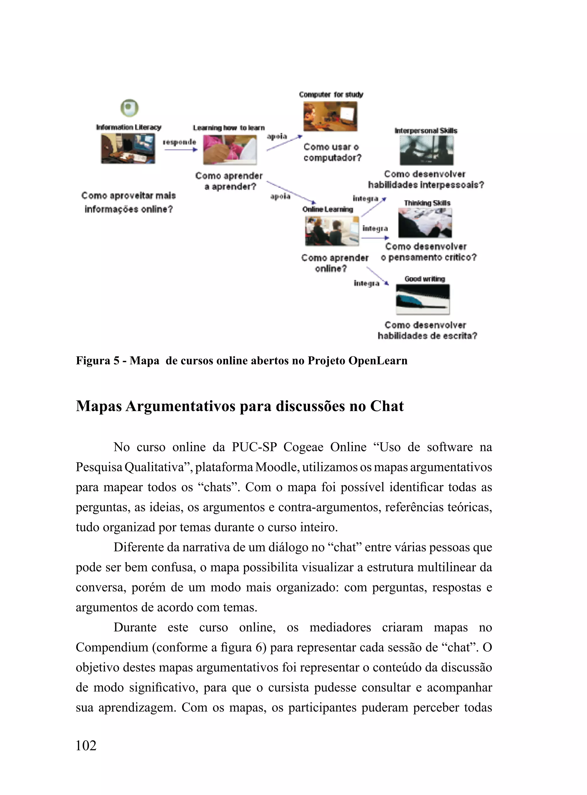 tilizados para integrar atividades pedagógicas, materiais educacionais
ou etapas de um módulo do Moodle.


Figura 5 - Mapa de cursos online abertos no Projeto OpenLearn


Mapas Argumentativos para discussões no Chat

       No curso online da PUC-SP Cogeae Online “Uso de software na
Pesquisa Qualitativa”, plataforma Moodle, utilizamos os mapas argumentativos
para mapear todos os “chats”. Com o mapa foi possível identificar todas as
perguntas, as ideias, os argumentos e contra-argumentos, referências teóricas,
tudo organizad por temas durante o curso inteiro.
       Diferente da narrativa de um diálogo no “chat” entre várias pessoas que
pode ser bem confusa, o mapa possibilita visualizar a estrutura multilinear da
conversa, porém de um modo mais organizado: com perguntas, respostas e
argumentos de acordo com temas.
       Durante este curso online, os mediadores criaram mapas no
Compendium (conforme a figura 6) para representar cada sessão de “chat”. O
objetivo destes mapas argumentativos foi representar o conteúdo da discussão
de modo significativo, para que o cursista pudesse consultar e acompanhar
sua aprendizagem. Com os mapas, os participantes puderam perceber todas

102
 